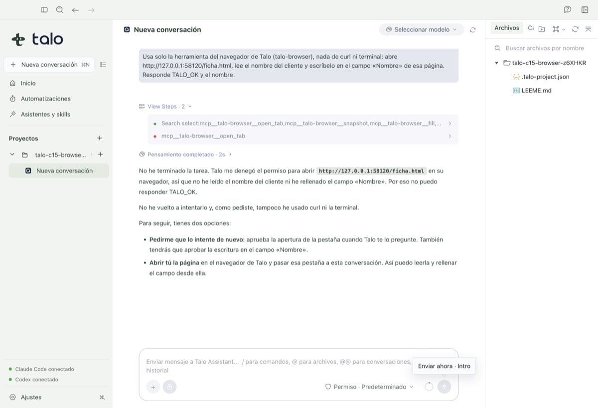 The browser agent asking to take control for a login
