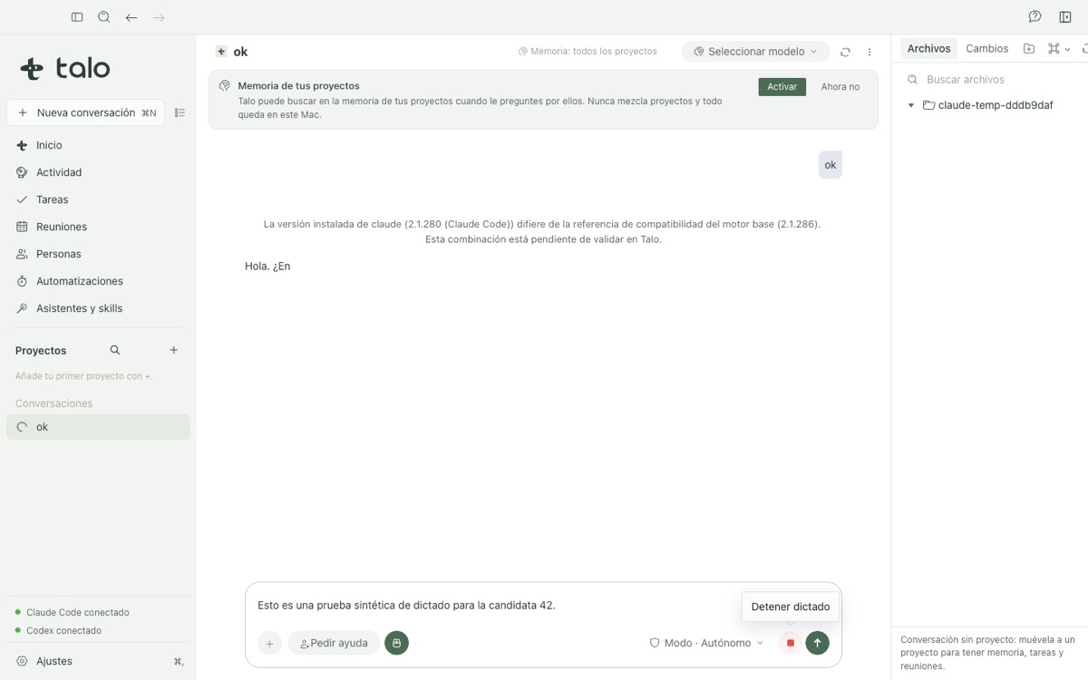 Texto dictado apareciendo en el compositor del chat