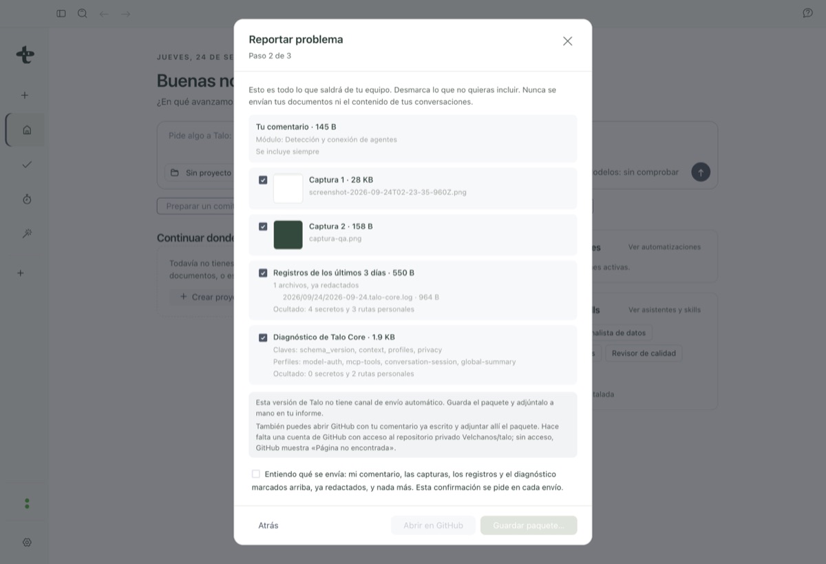 The review screen before sending feedback