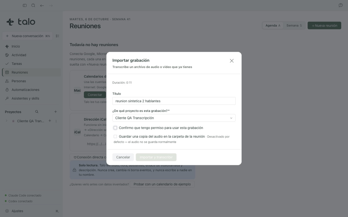 Grabación lista para importar, con duración y formato