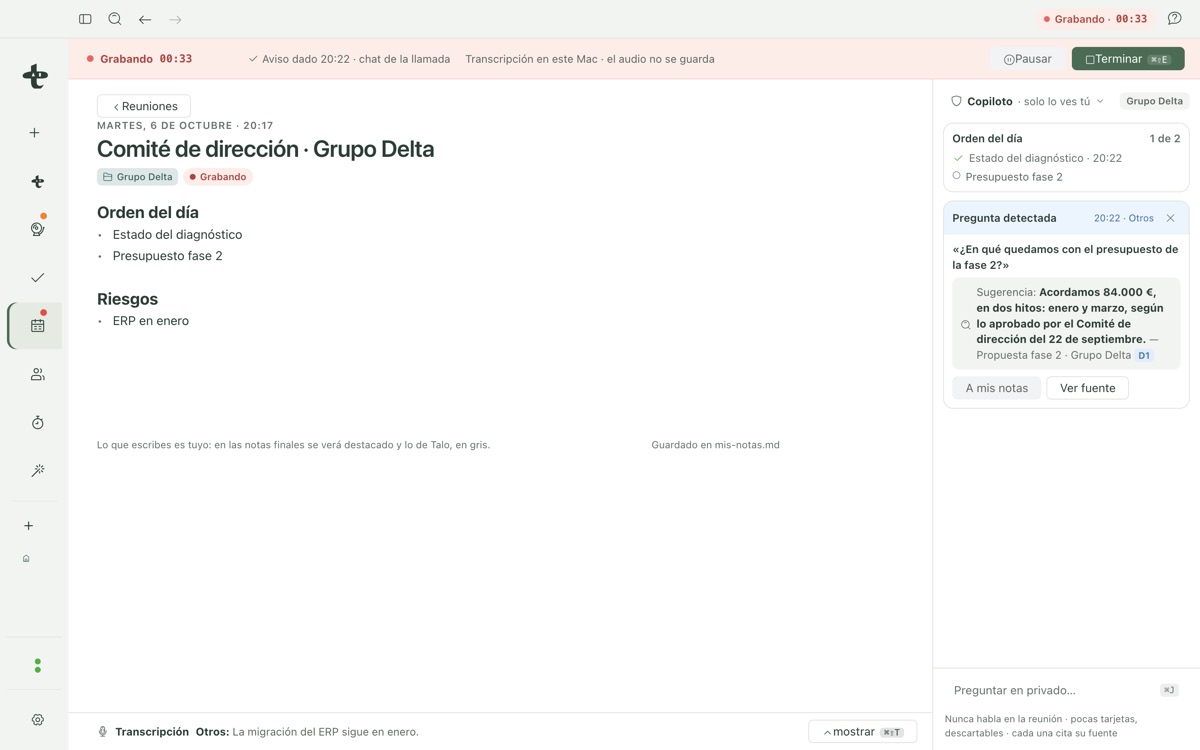 The copilot panel answering a detected question with its source