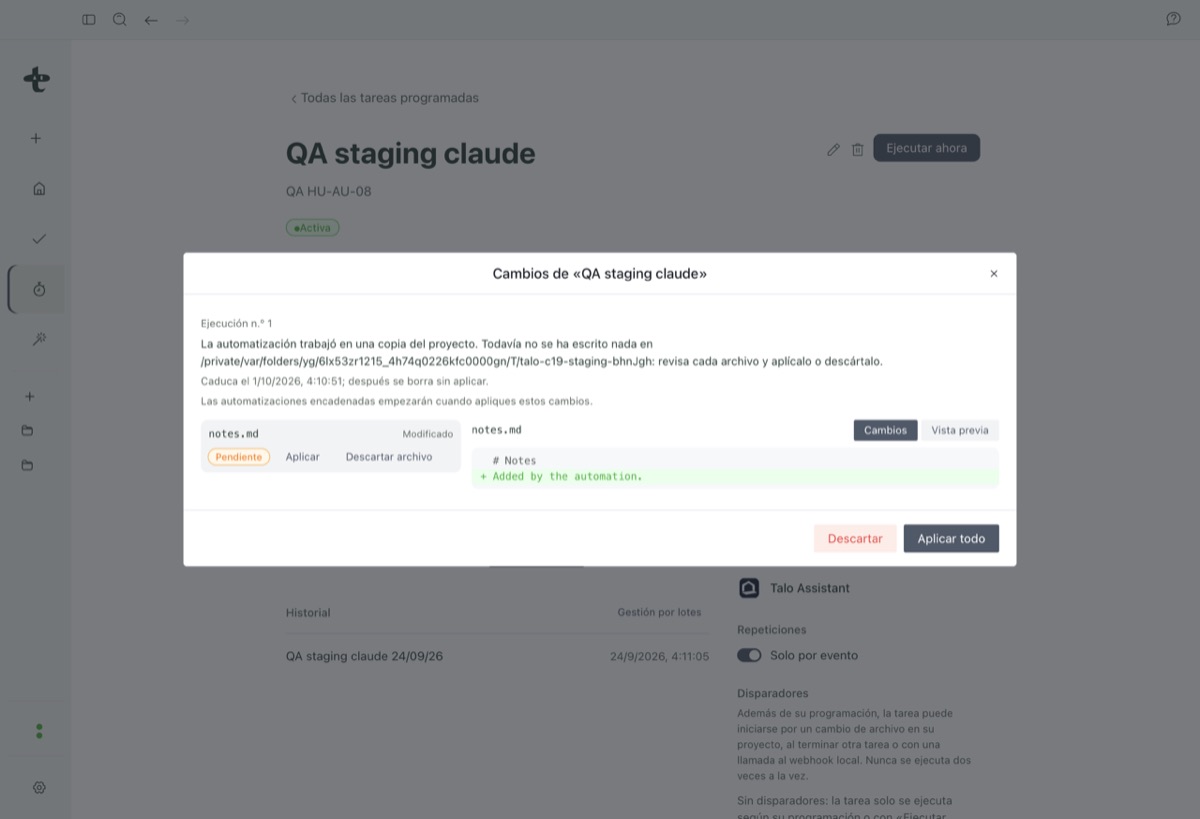 An automation's diff, waiting for your review before anything is applied