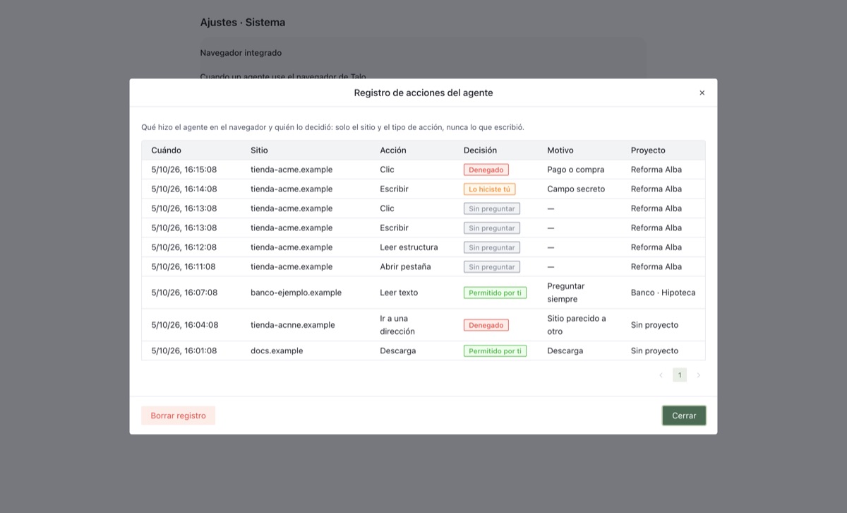 Registro de las acciones que hizo el agente en el navegador, con su permiso