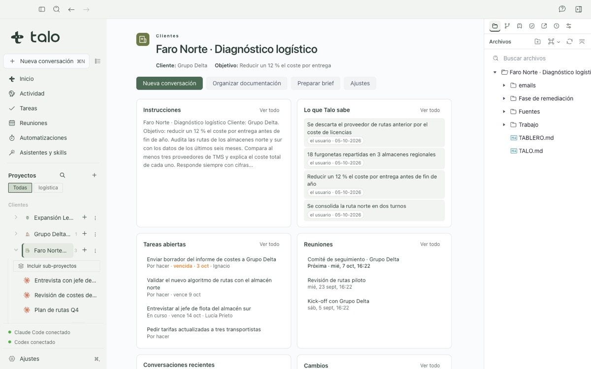 A project’s overview tab with its TALO.md context file