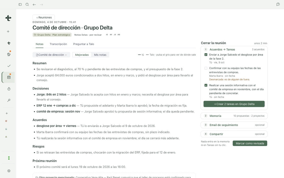 Notas de la reunión con cada afirmación enlazada a su fuente