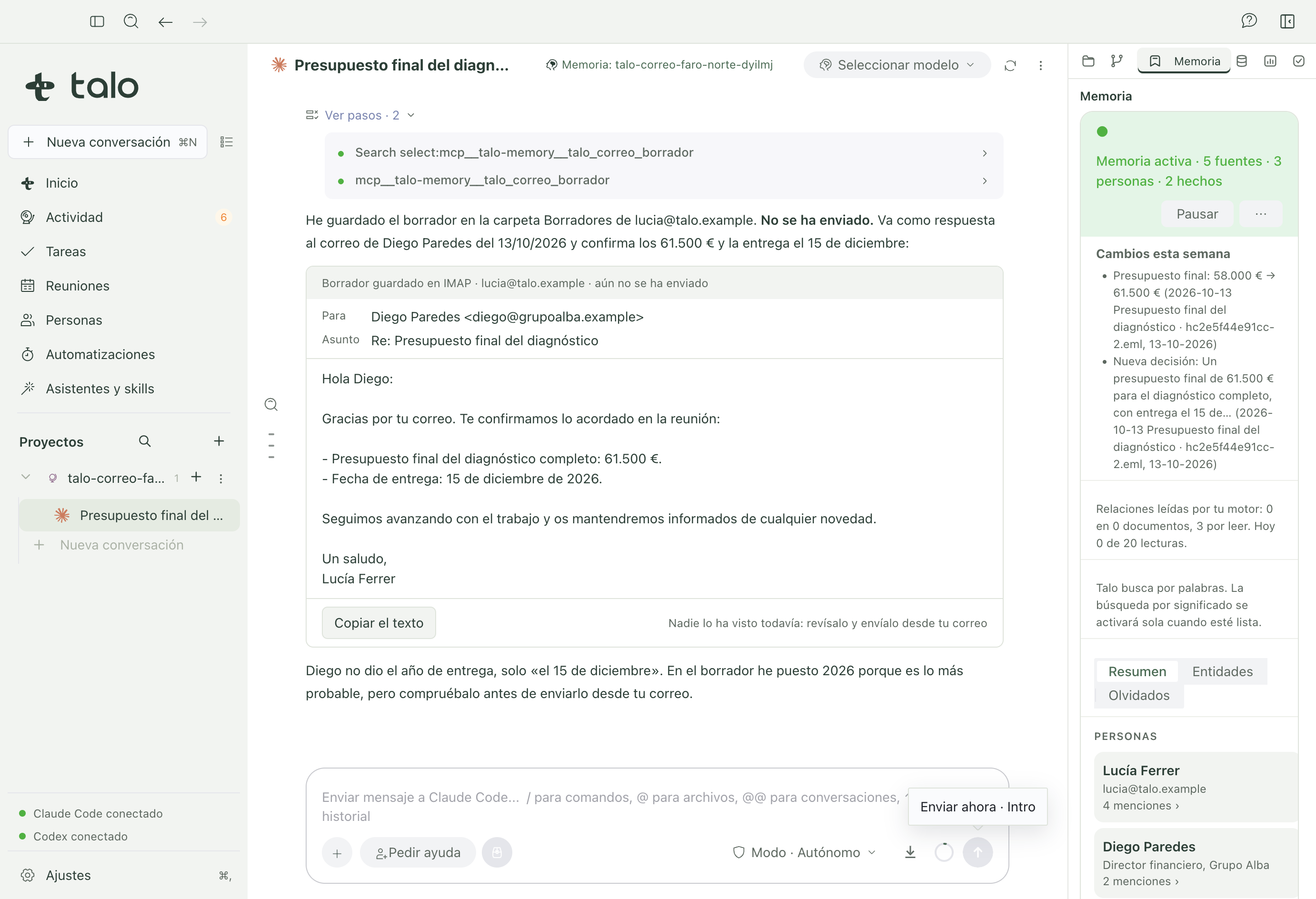 La tarjeta de un borrador guardado, sin enviar, en el chat