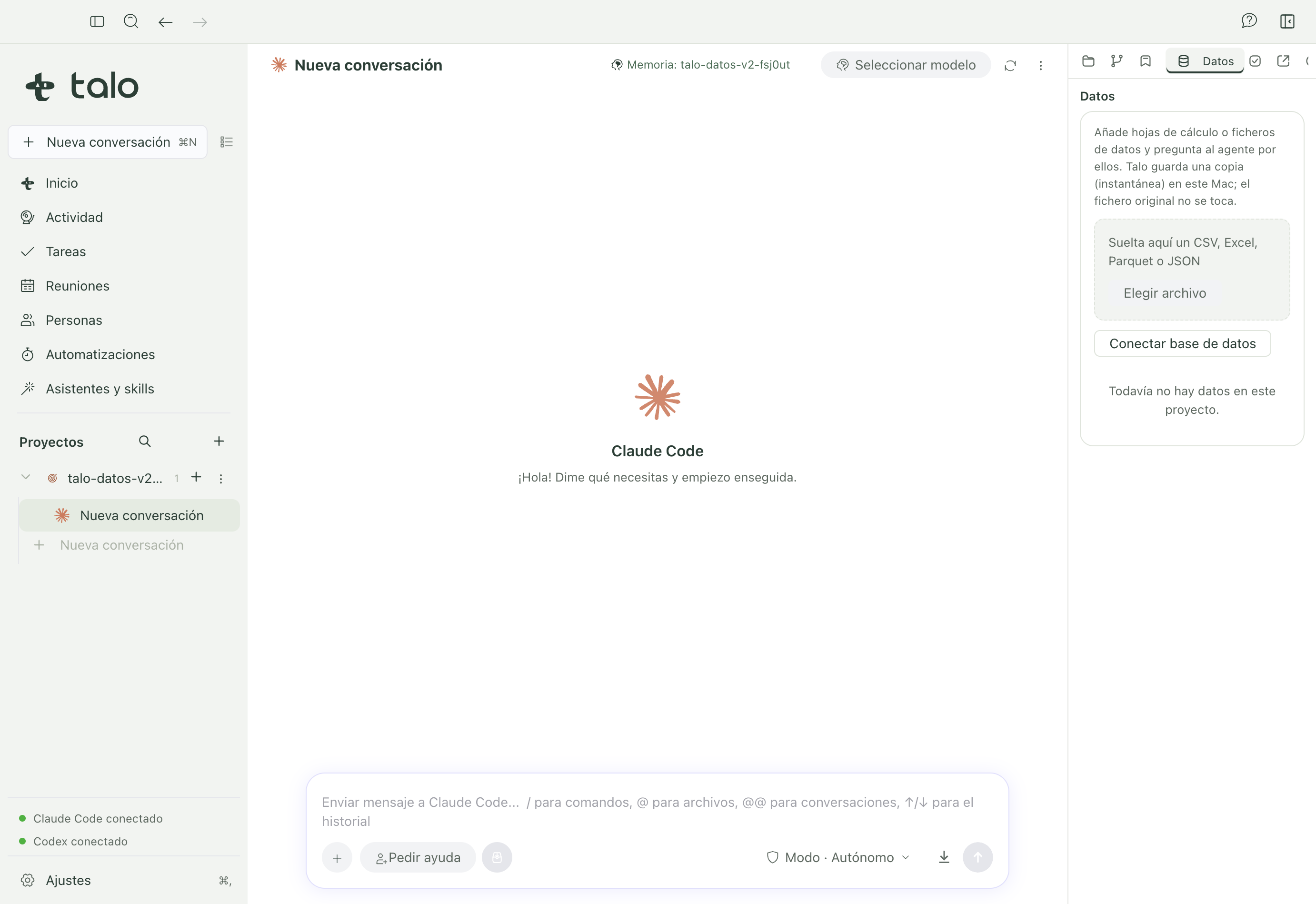 Pestaña Datos vacía, con las dos formas de añadir un origen