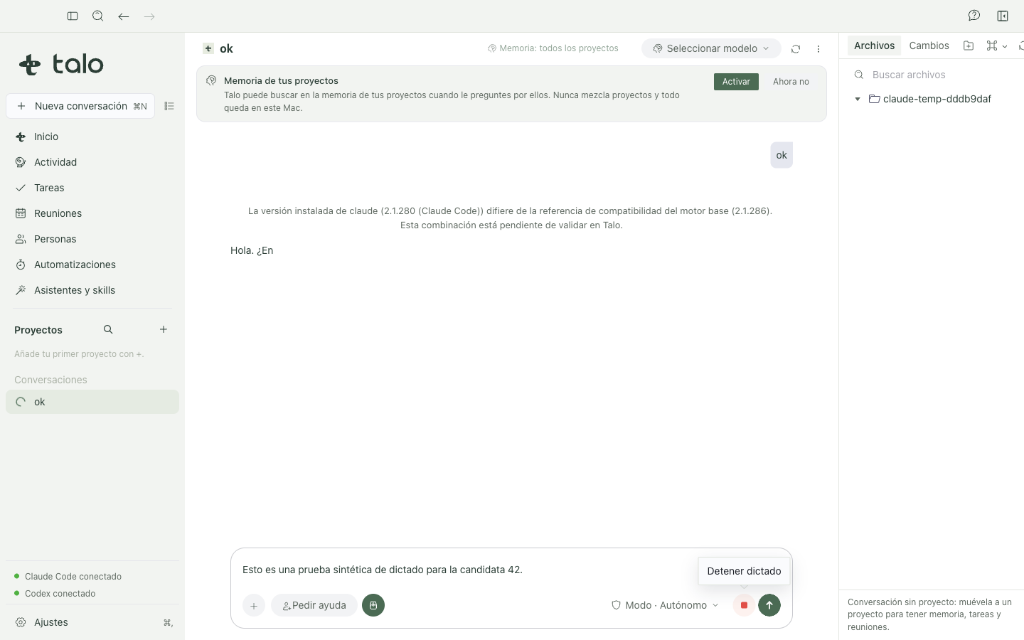 Texto dictado apareciendo en el compositor del chat