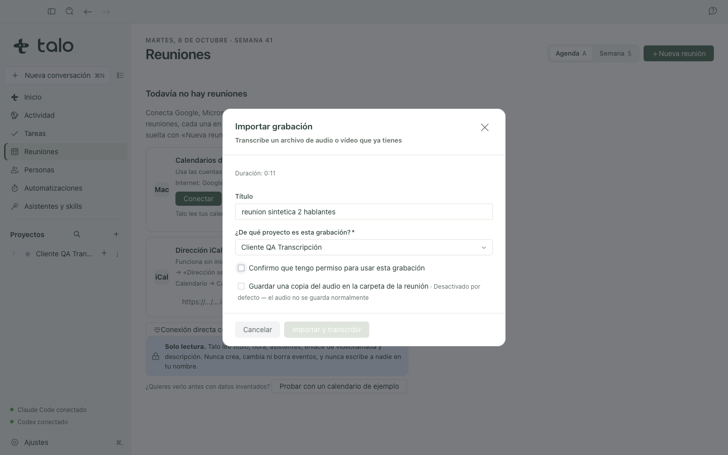 Grabación lista para importar, con su duración y formato