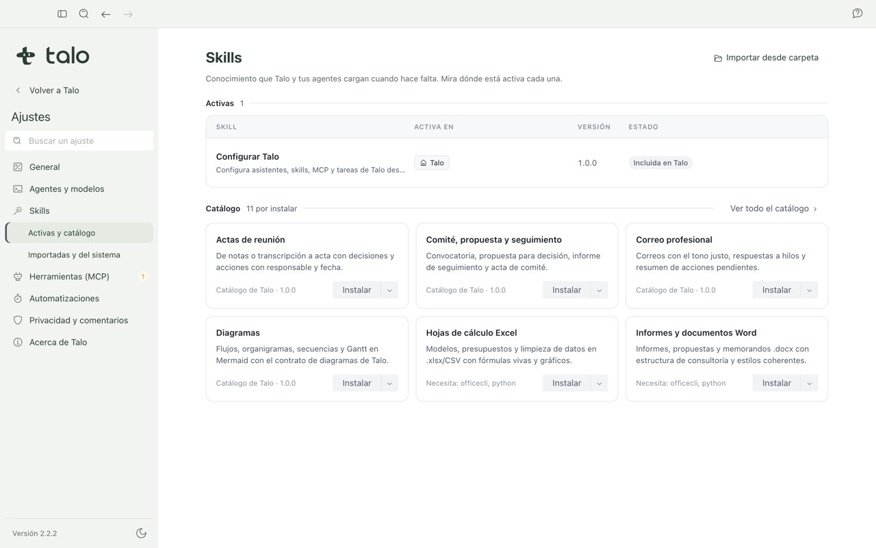 Ajustes de Skills con las activas y el catálogo