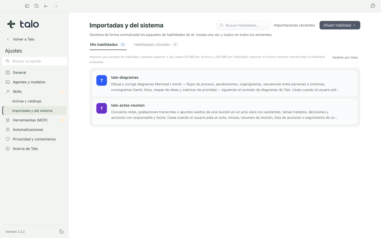 Skills importadas y del sistema en Talo