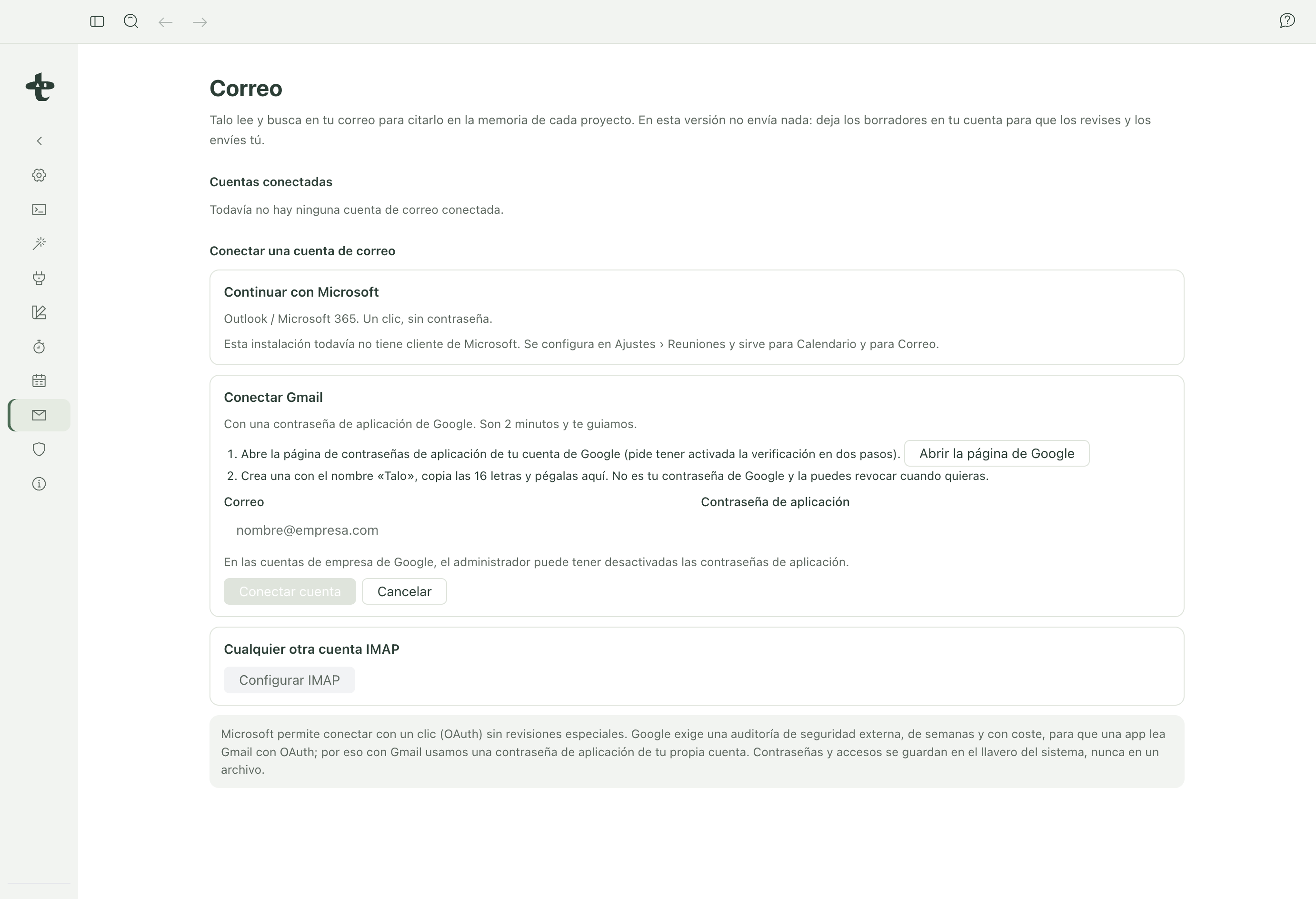 Settings › Email with no account connected