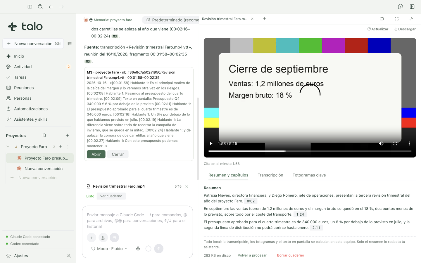 The answer's citation opens the player at the cited minute