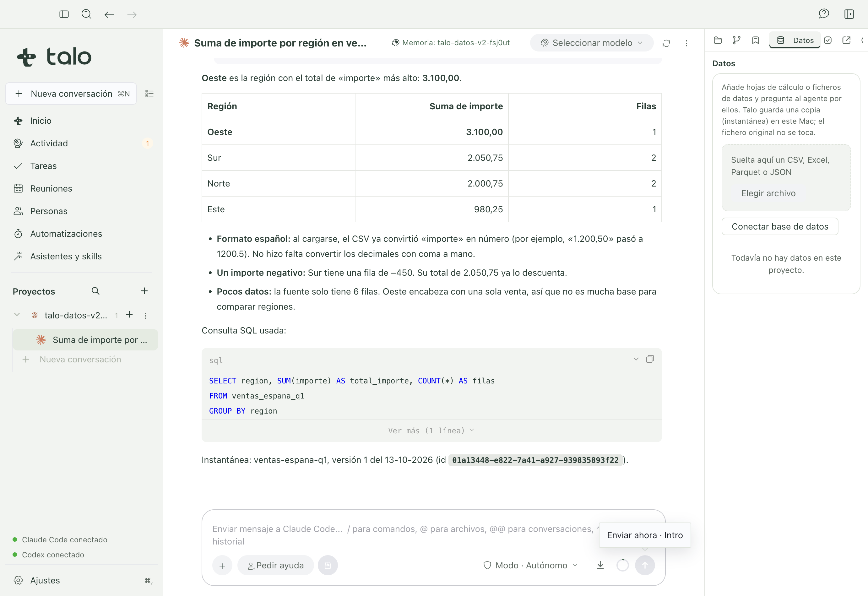 Answer over a Spanish-format CSV: sum by region, with the SQL query and the snapshot cited
