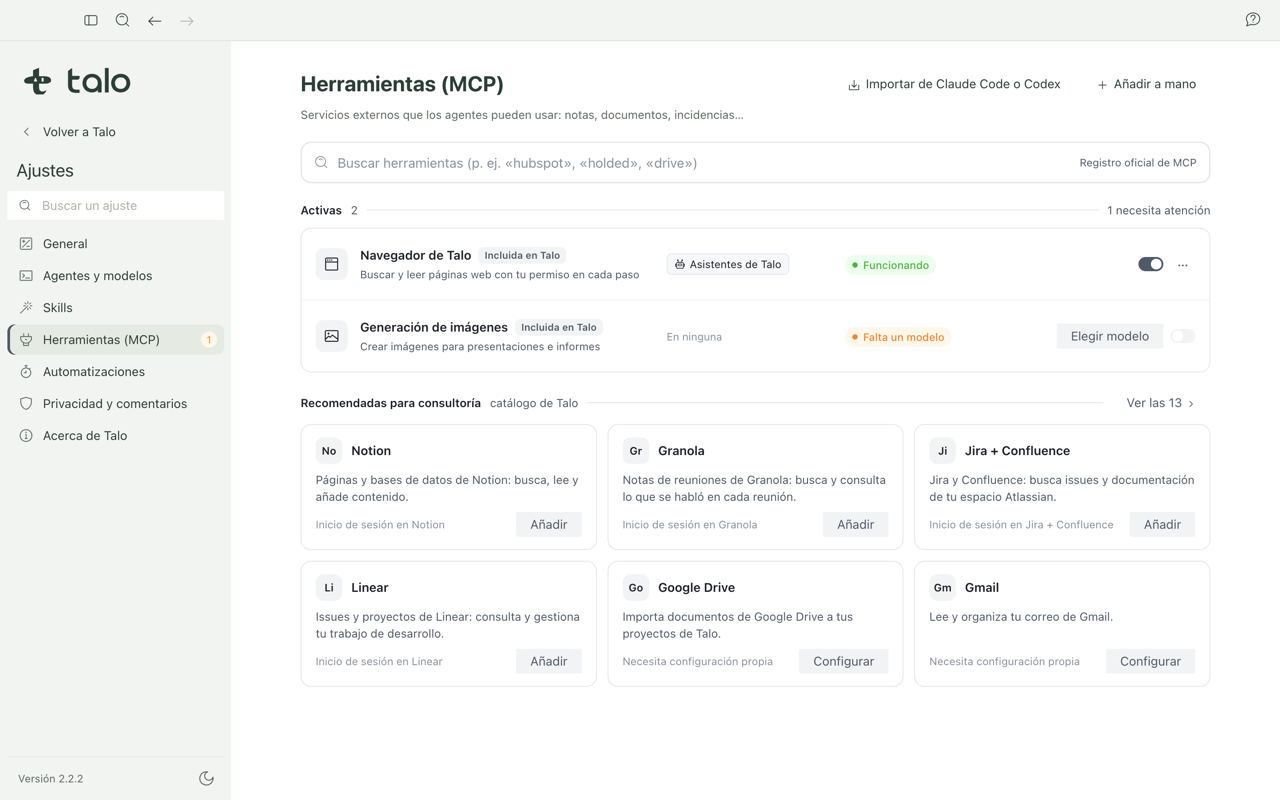 Tools Settings with built-in tools and their status