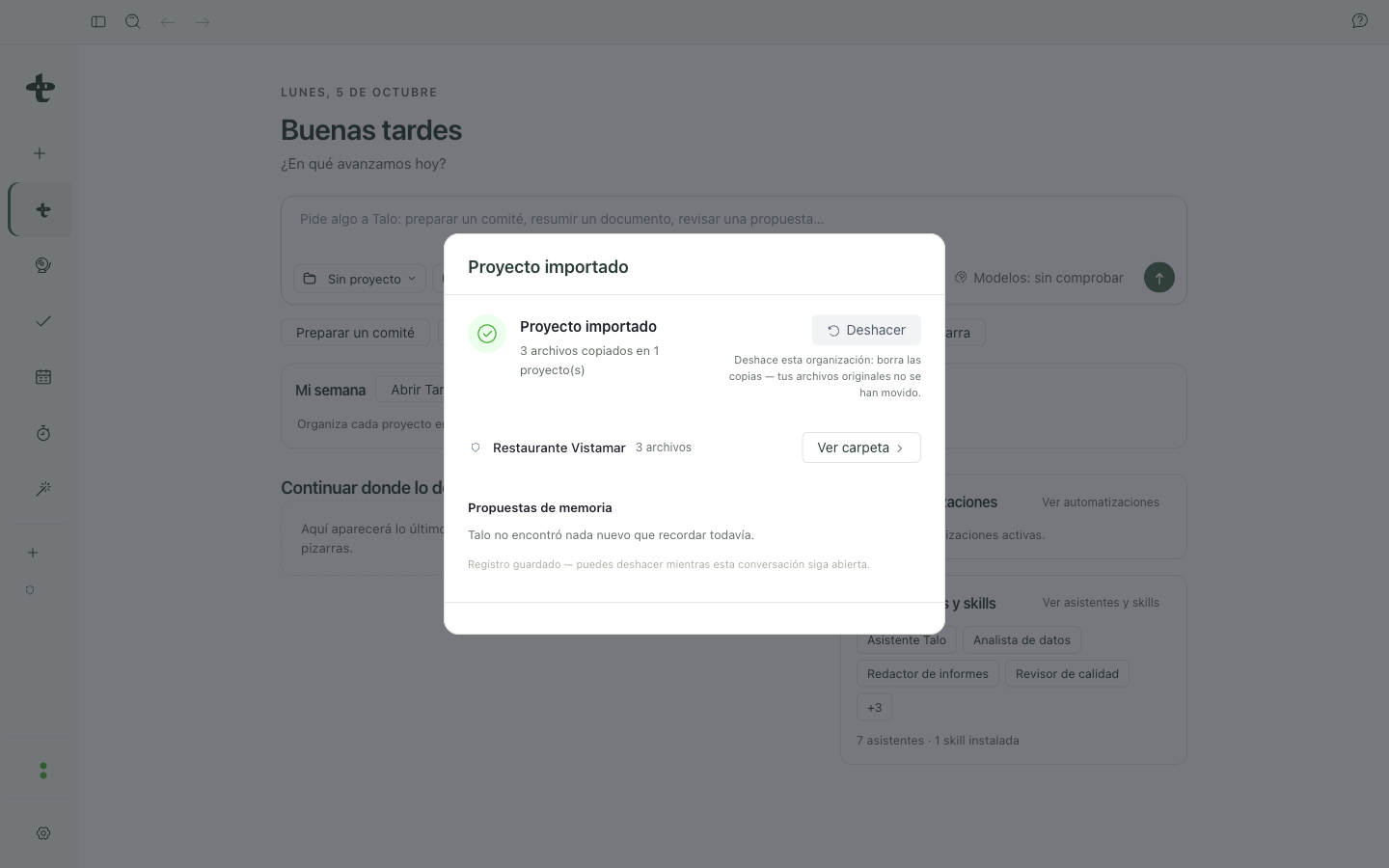 Review before importing, with the candidate project and its files